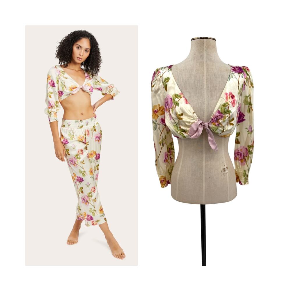 Morgan Lane‎ Gretchen Top Silk Blend Floral Tie Front Crop Blouse Small NWT